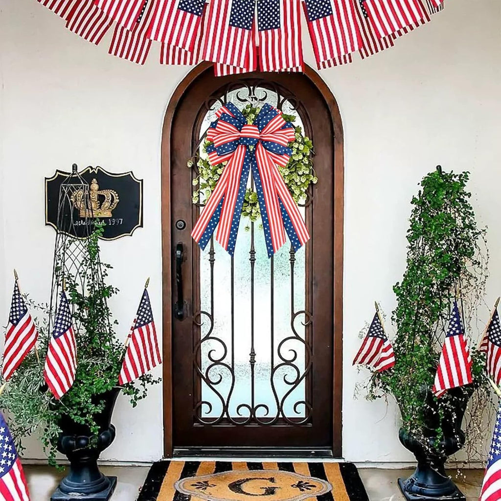 YKW Large Patriotic Bow - American Flag Wreath Decoration for 4th of July & Memorial Day - Classic Blue Design
