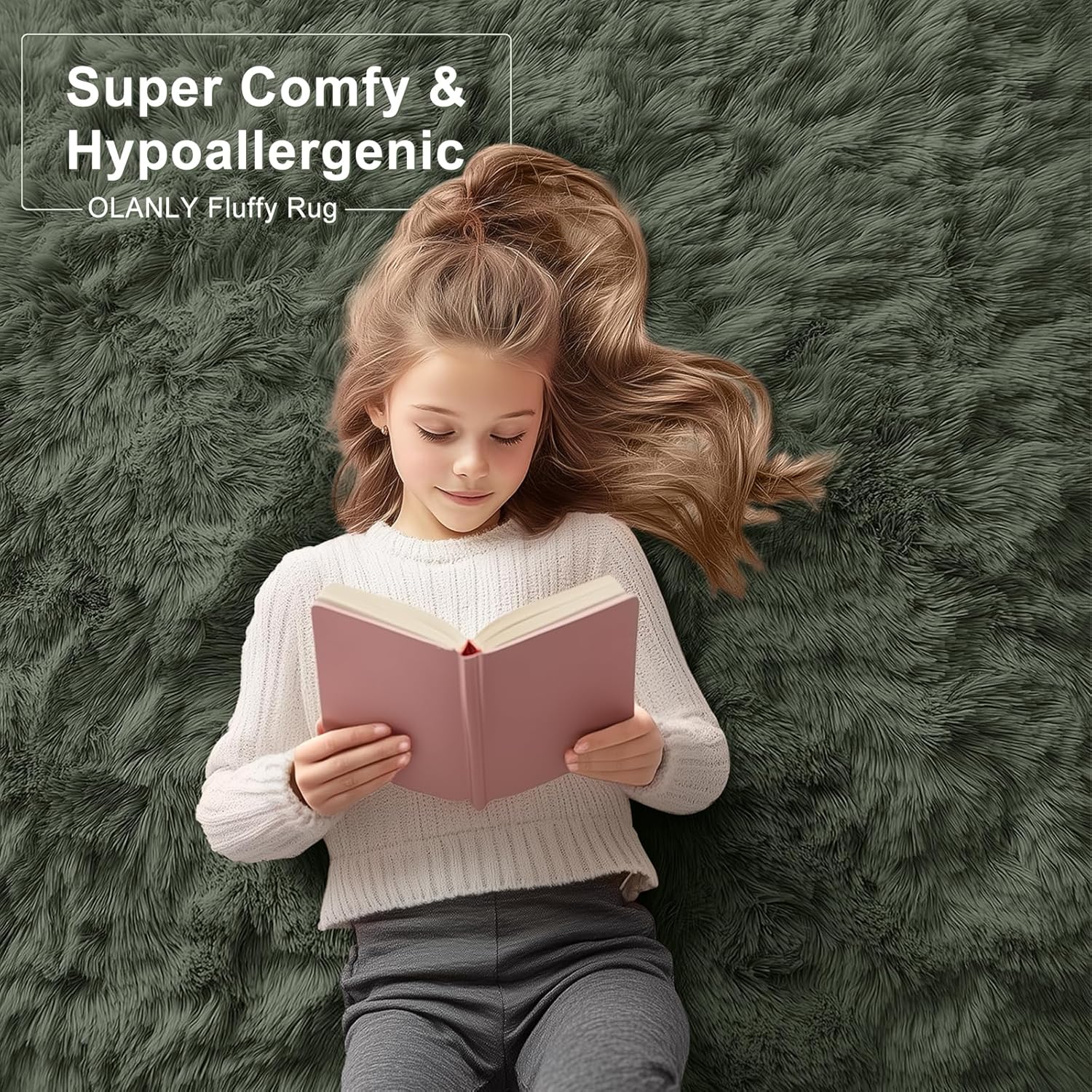 OLANLY Soft Fluffy Shaggy Bedside Rug - Machine Washable Indoor Carpet for Kids | Olive Green 2x3 ft