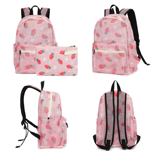 Xunteny Strawberry Mesh Backpack for Girls Women, Semi-Transparent Kids School Backpack College Bookbag for Beach Gym Travel
