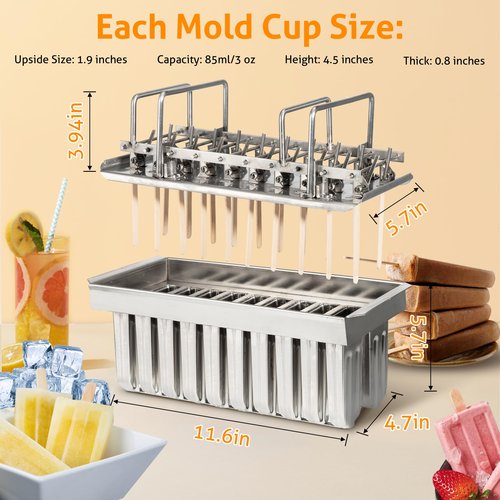 WICHEMI Commercial Popsicle Molds Stainless Steel Ice Pop Molds 20PCS Metal Ice Lolly Popsicle Mold Ice Cream Maker Mold Stick Holder with Lid Single Cup Capacity 85g