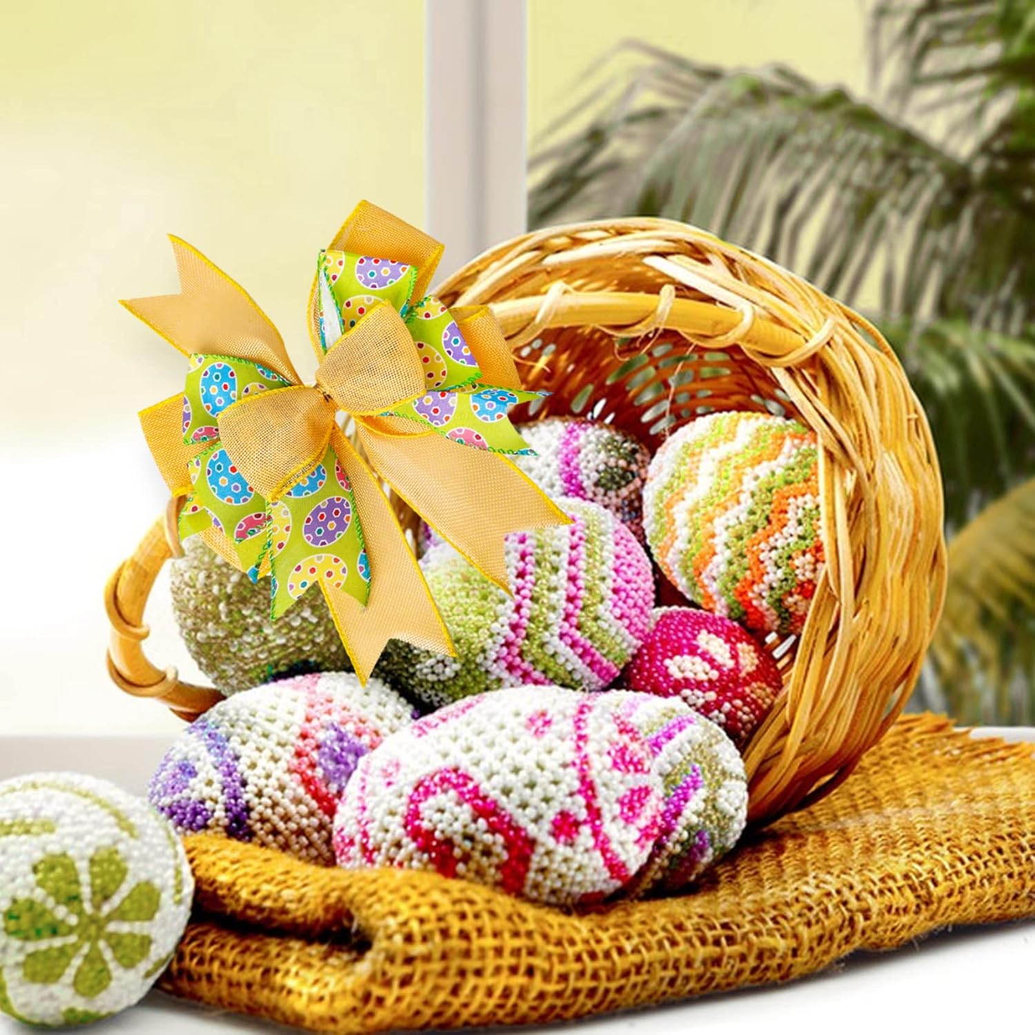 SIMISI Ribbon Easter Wreath Bow - Yellow Egg Door Wall Ornament for Home Decor | 9.5 x 13 Inch