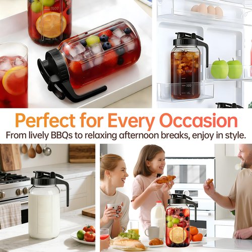 64oz Glass Pitcher with Lid & Spout – 2 Quart Mason Jars, Airtight & Leakproof Breastmilk Pitcher for Cold Brew Coffee, Sun Tea, Water, Juice – Wide Mouth, Fridge Safe