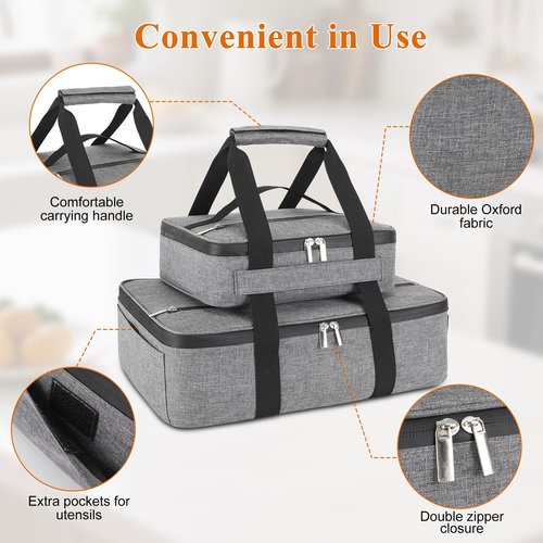 Wakaye Insulated Casserole Carrier for Hot or Cold Food, Fits 8"-15" Baking Dish，Thermal Food Carrier Bag, Lasagna Lugger Tote for Potluck Parties/Picnic/Cookouts/Lunch, Grey，2 Pack
