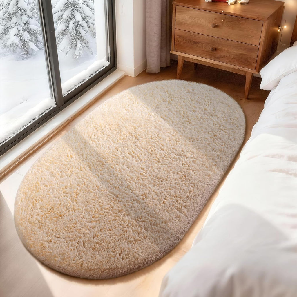 Ophanie 3x5 Oval Rug - Non-Slip Beige Area Rug for Bedroom | Fluffy Dorm Decor & Nursery Essentials