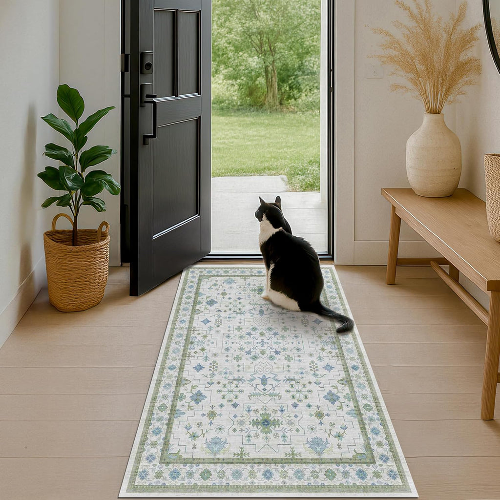 Regine Switzerland Vintage Boho Floral Entryway Rug - Washable 3x5 Low Pile Non-Slip Accent Mat