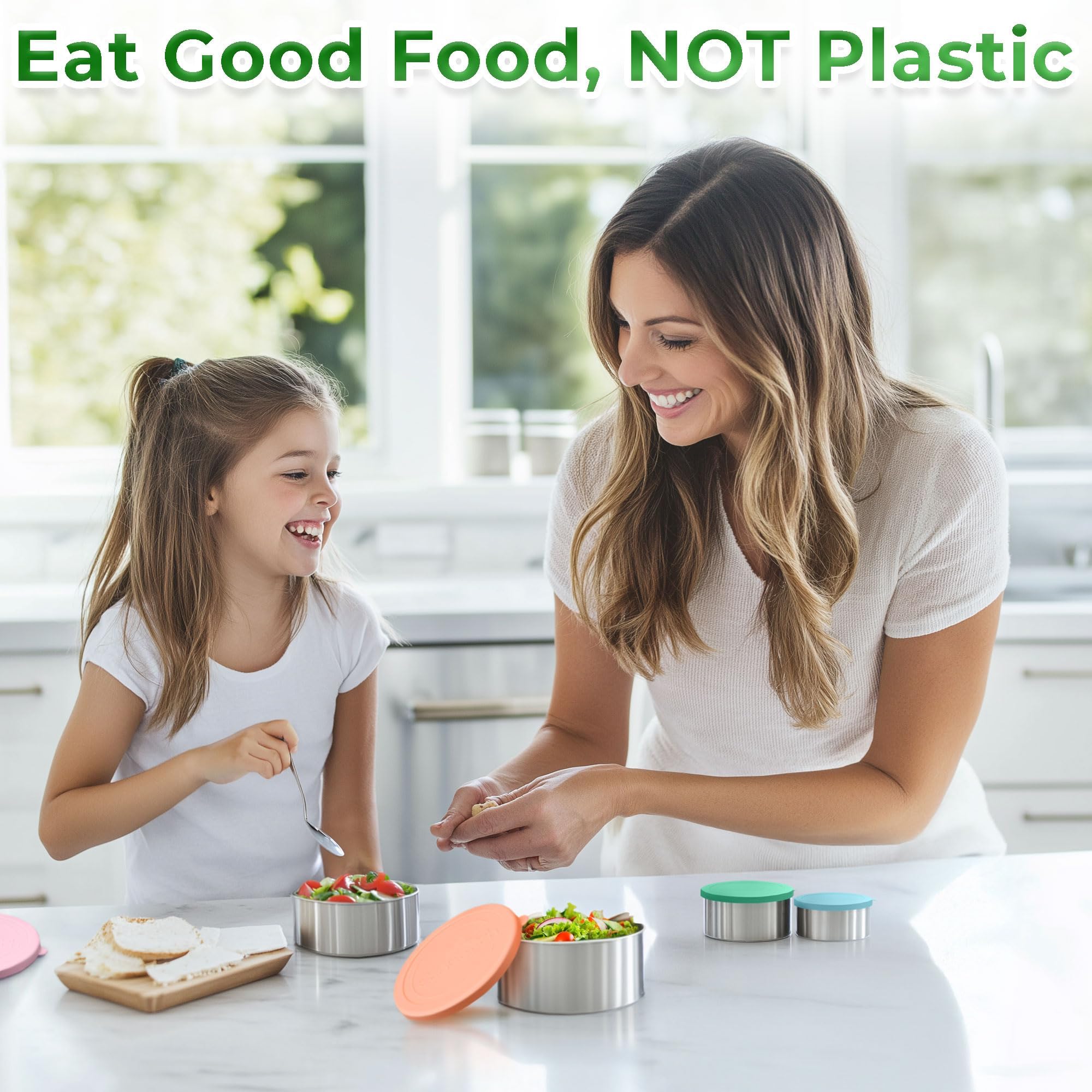 EcoEarth - Stainless Steel Food Storage Containers with Silicone Lids - Stackable Set of 5, Round Nesting Sizes - Meal Prep & Snack Lunch Box Supplies - Plastic Free, Airtight & Leakproof for Travel