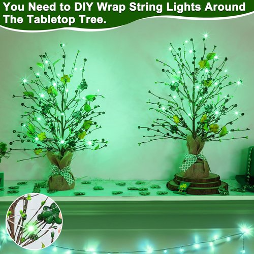 2 Pack 21 Inch St. Patrick's Day Decorations Lighted St. Patricks Day Trees Tabletop Battery Operated Shamrocks Shaped Berries Artificial Tree Irish Decorations Home Table Bedroom Indoor Party Decor