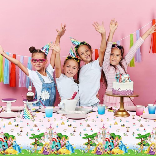 SNABETNA Princess Birthday Party Decorations Tablecloth,2pcs 108x54inch Large Pink Princess Table Cloth, Disposable Rectangular Plastic Waterproof Table Cover for Birthday Party