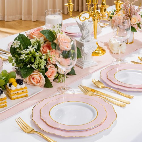 WDF 60pcs Pink Dessert Plates - 7.5inch Baroque Pink &White Disposable Dessert/Appetizer Small Cute Cake Plates for Upscale Parties &Wedding-Special for Baby Shower, Brithday, Easter