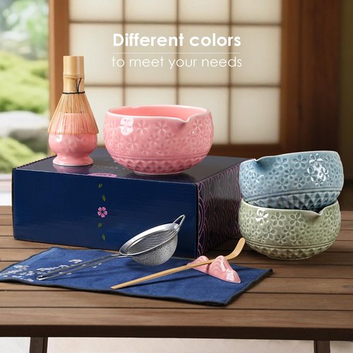 7Pcs Matcha Whisk Set, Ceramic Matcha Bowl with Spout, Bamboo Whisk&Holder,Bamboo Scoop,Scoop Rest,Sifter,Tea Towel, Matcha Kit w/Cherry Blossom Carved Patterns for Valentine's Day Gift