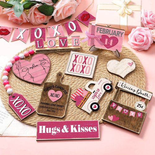 Marsui 19 Pcs Cute Retro Valentine's Day Tiered Tray Decor Set, Cartoon Pink Heart Wood Signs with Retro Be Mine My Love, Valentines Table Decor for Home Kitchen Living Room
