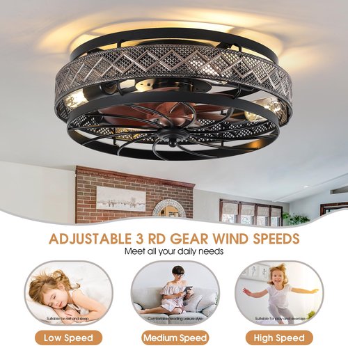 SHIHOT 18" Low Profile Caged Ceiling Fans with Lights and Remote, Flush Mount Ceiling Fan with Light, Bedroom Fan, Small Industrial Black Ceiling Light Fixture, Reversible(Bulbs Not Included)