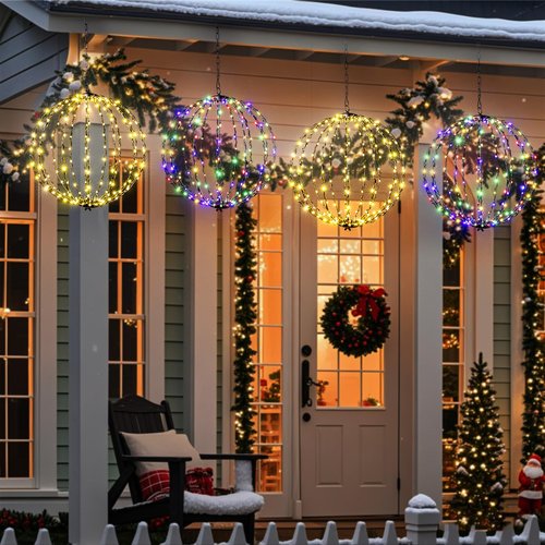 176 LED 13” Outdoor Christmas Light Balls, Solar Hanging Lighted Sphere Balls Lights, Prelit Fold Large Rechargeable Waterproof, Globe Light Ball for Outside Indoor Tree Eave Garden Decorations -2pack