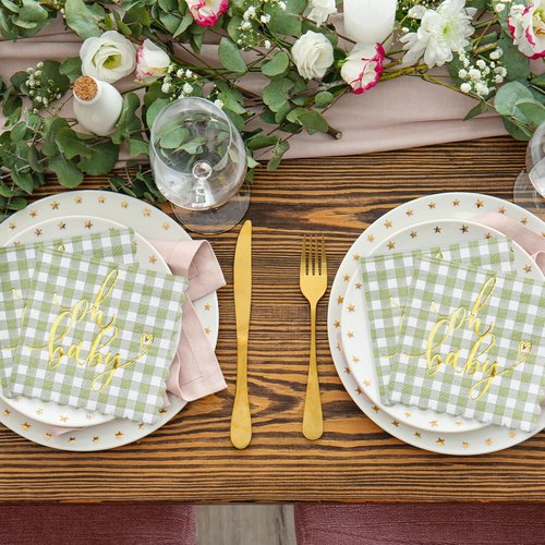 RUSPEPA 50 Pcs Baby Shower Grid Napkin Paper, 3 Ply Disposable Green with Gold Foil "Oh Baby" Text Deisgn Luncheon Cocktail Dinner Paper Napkins for New Born Party, 5 x 5 Inch, Green