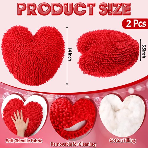 Memorywuu 2 Pcs Valentine's Day Heart Shaped Pillow 14 Inch Heart Chenille Pillow Cushion Plush Soft Throw Cushion with Removable Cover for Sofa Couch Bed Women Valentine's Gifts(Red)