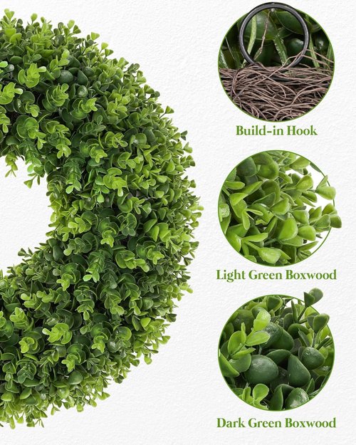 Boxwood Wreath - 20 Inch Artificial Greenery for Front Door | All Seasons Spring & Summer Decor
