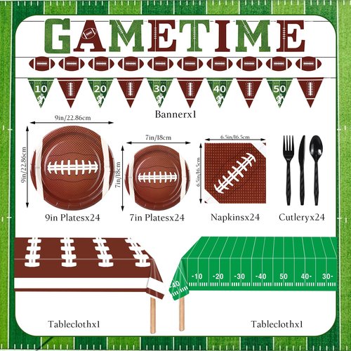 149 Pcs Football Party Decorations Kit for 24 Guests - All-in-One Kit with Plates, Napkins, Forks, Spoons, Knives, Waterproof Tablecloth & Banner for Super Bowl or Tailgate Party Decorations