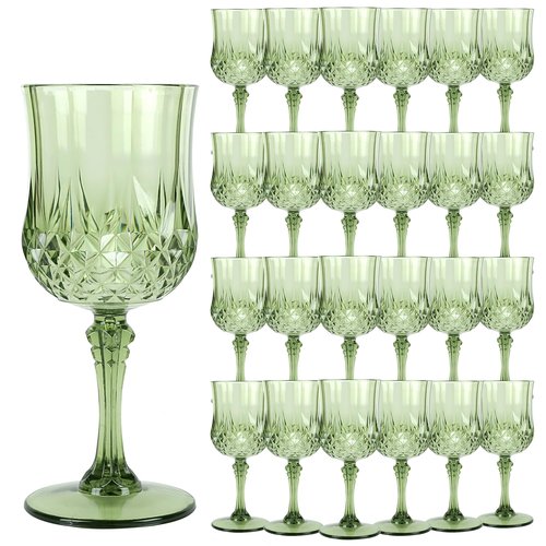 LEYIQU Plastic Wine Glasses, Plastic Goblets Vintage Style Cordial Drinking Glasses for Wedding Reception, Grand Event Party Supplies, Valentine's Day (24, New Green)
