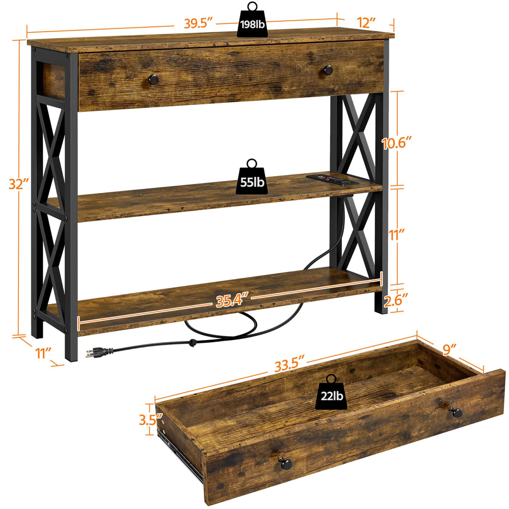 Yaheetech Console Table with 2 Outlets and 2 USB Ports, Industrial Entryway Table with Drawer and Storage Shelves, Narrow Sofa Tables with Metal Frame for Living Room, Hallway, Rustic Brown