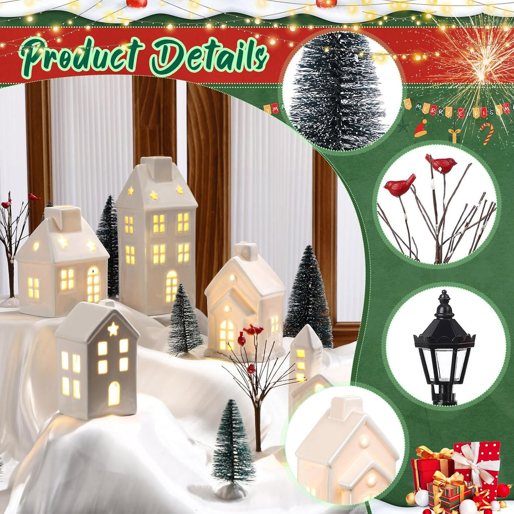 WinnerWhy Christmas Village House Set - 24 Pcs LED Lighted Mini Ceramic Ornaments for Festive Decor