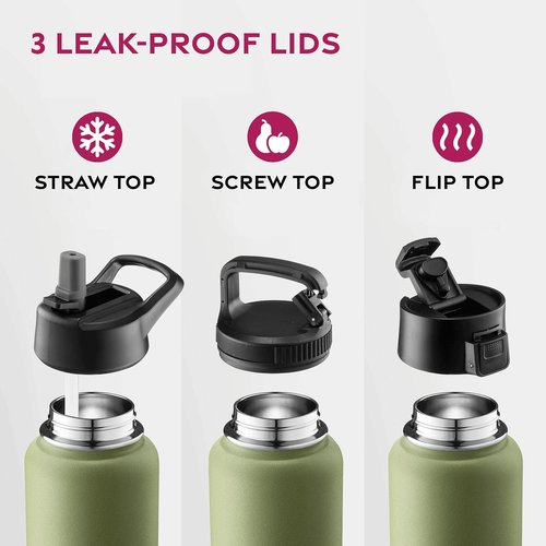 FineDine Stainless Steel Insulated Water Bottle - 32 Oz with Straw & Flip Lid - Army Green