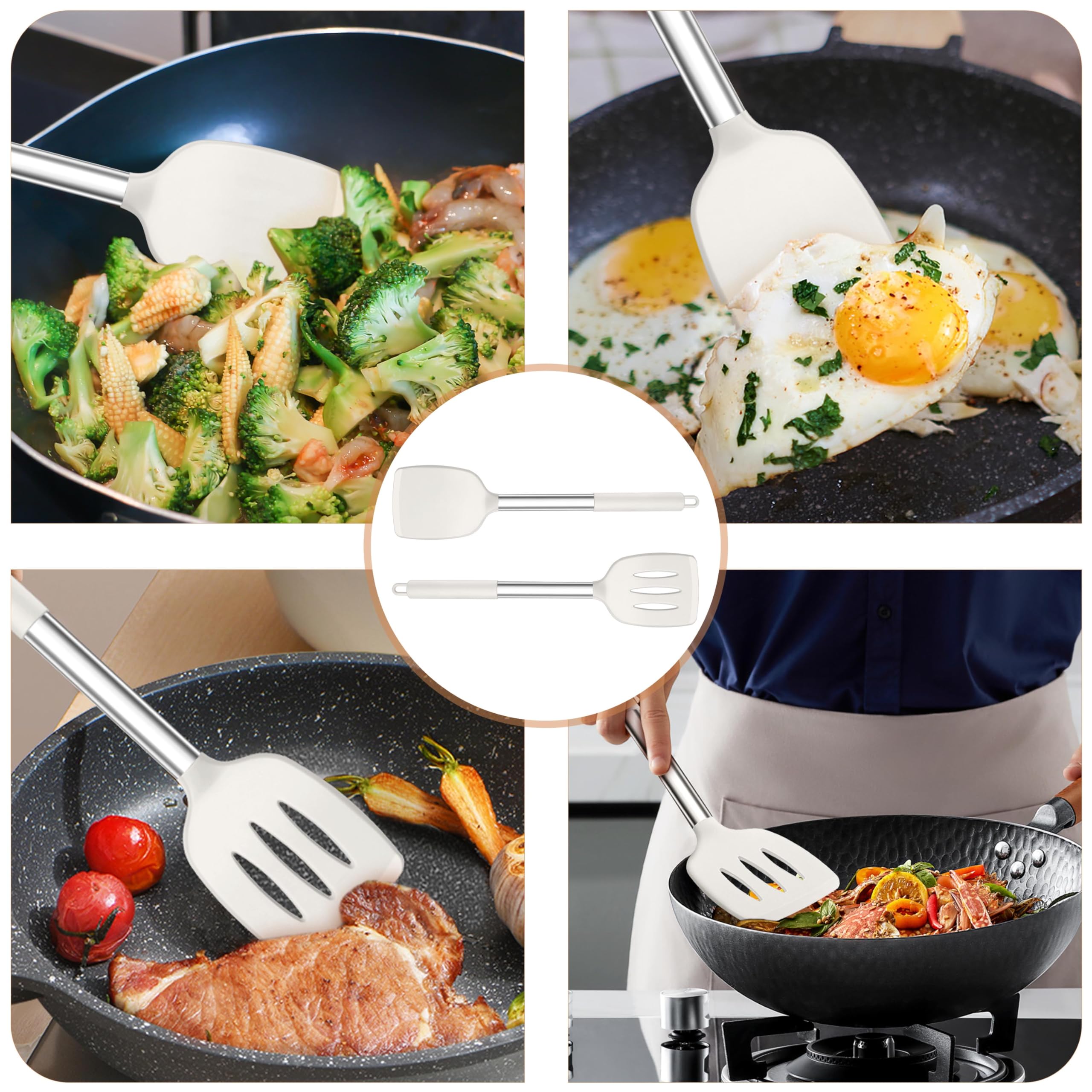 TeamFar Kitchen Utensils, 4 PCS Silicone Cooking Utensils with Stainless Steel Handle, for Nonstick Cookware Frying/Flipping/Draining, Non-toxic & Heat-proof, Non-scratch & Dishwasher Safe