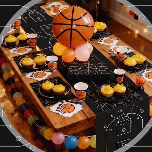 Remagr 2 Pcs Basketball Table Runner Black Tactical Instruction Printed Basketball Birthday Party Decoration Sport Ball Themed Tablecloth Party Supplies for Table Kitchen Dining Room Home Island Decor