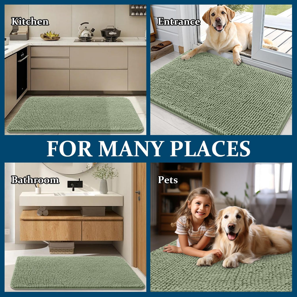 OLANLY Dog Door Mat - Absorbent Non-Slip Chenille Mat for Muddy Paws | 50x30 Sage Green Indoor Carpet