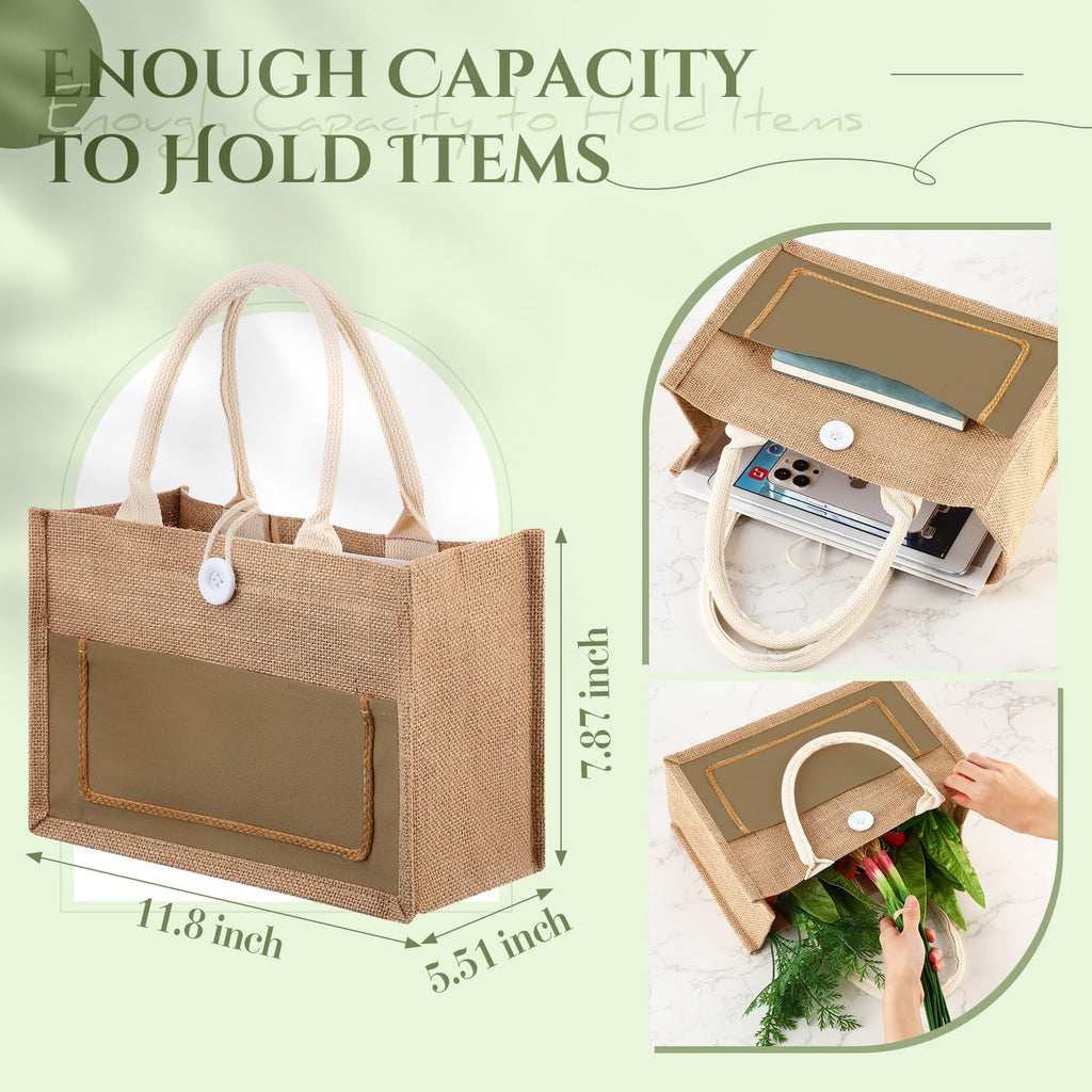 Reginary 16 Pcs Jute Burlap Totes Jute Tote Bags Reusable Burlap Beach Bags with Handle for Wedding Gifts, 11.8 x 7.87 x 5.5(Khaki,Classic)