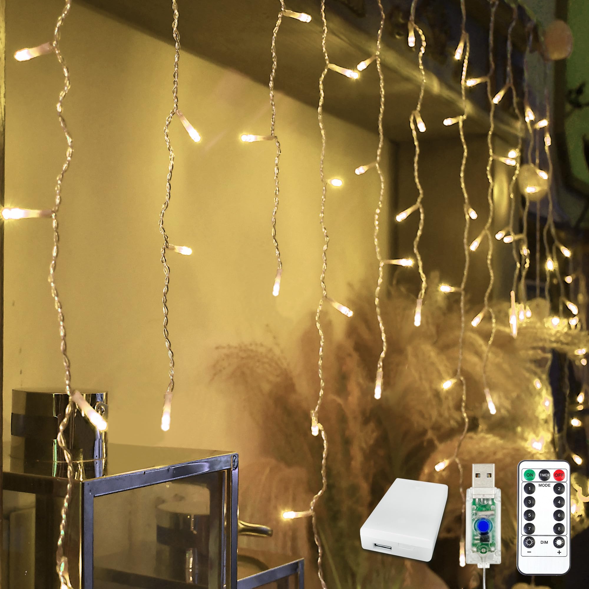 TUSLUZ 13ft Icicle Christmas Lights 96 LED, USB/Battery Powered, Remote Timer, 18 Drops Curtain Fairy Light for Wedding Christmas Halloween Party Room Decoration (Warm White)