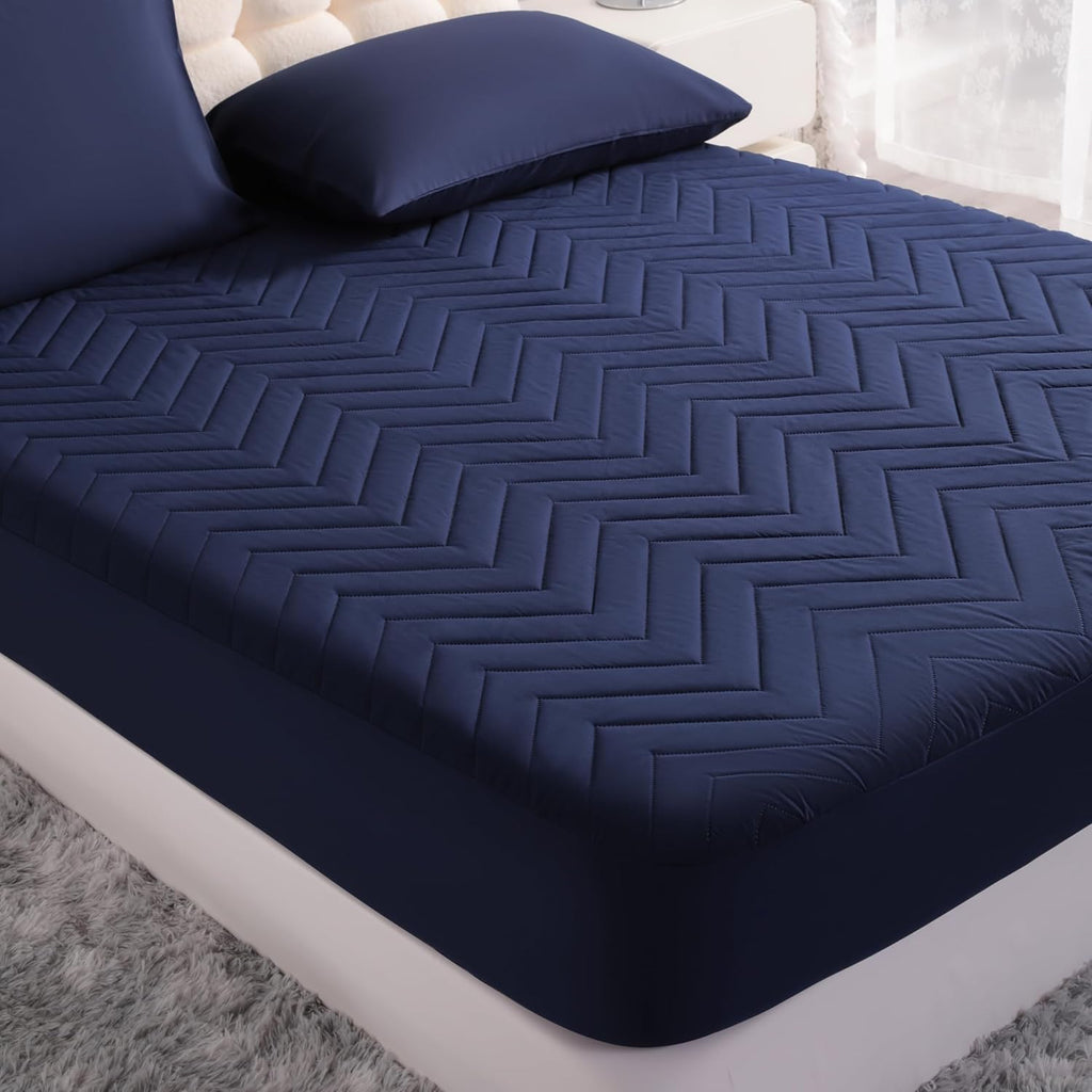 NTBAY Waterproof Mattress Protector - Quilted Twin Fitted Cover with 15" Deep Pocket | Soft, Breathable, Navy Blue