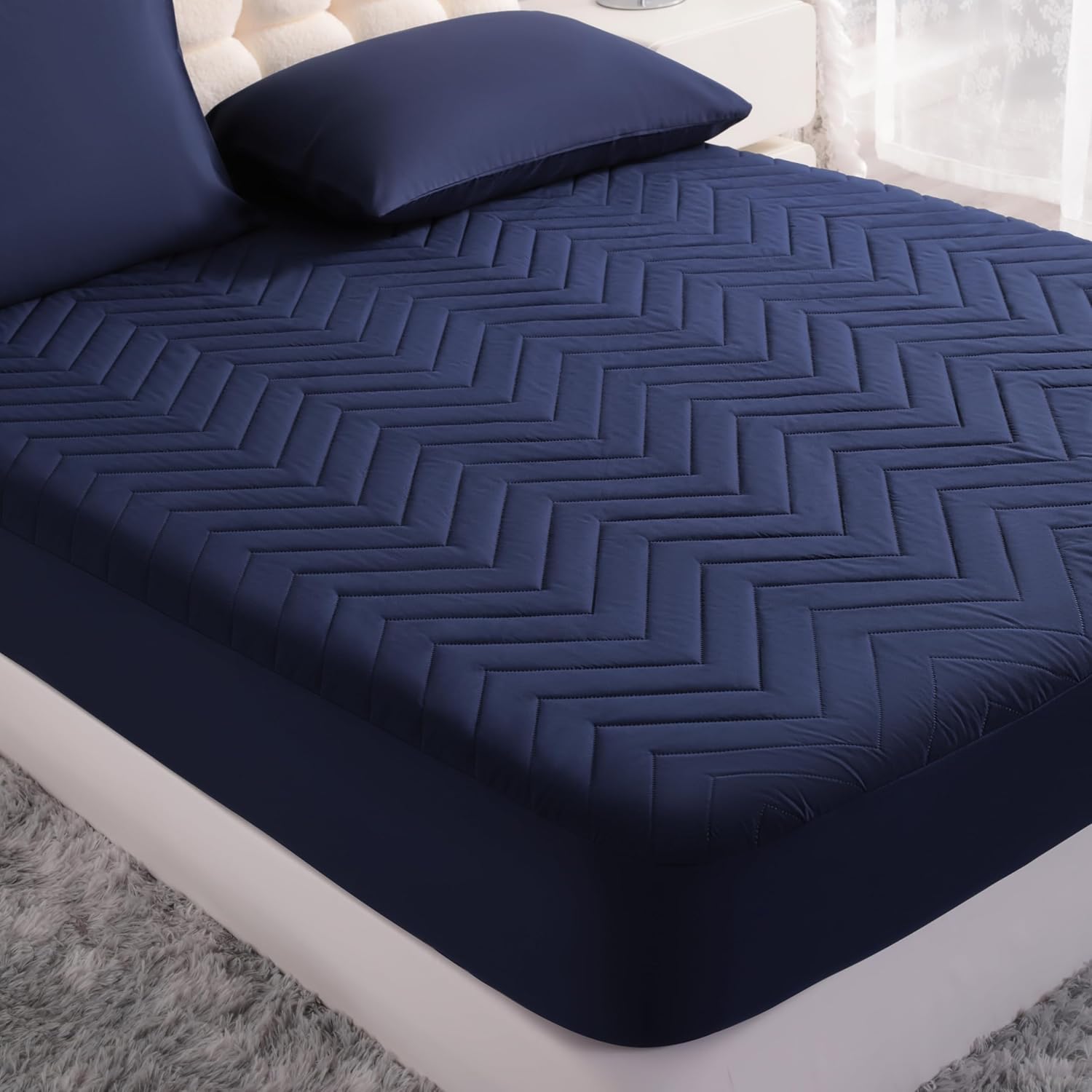NTBAY Waterproof Mattress Protector - Quilted Twin Fitted Cover with 15" Deep Pocket | Soft, Breathable, Navy Blue