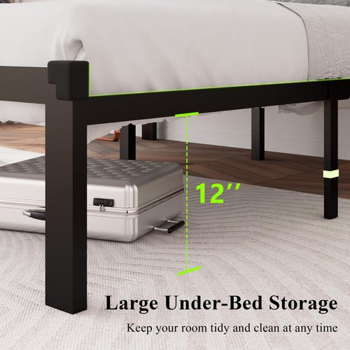 Feonase Full Size Metal Bed Frame, Heavy-Duty Platform Bed Frame with Linen Upholstered Headboard, 12" Storage Space, Steel Slats Support, No Box Spring Needed, Gray