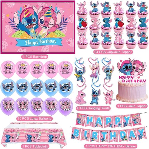 Stitch Party Supplies, 49PCS Birthday Decorations Set Include Banner, Balloons, backdrop,Stickers, Hanging Swirls, Cake Cupcake Toppers, Tablecloth for Boys Girls Stitch Theme Party