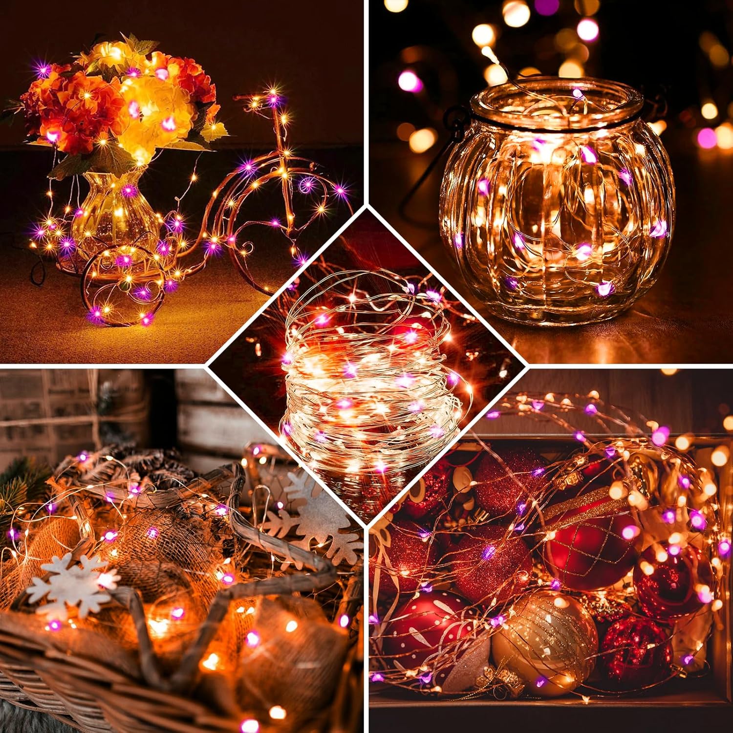 Skiennix 100 Pack Fairy Lights - 7Ft 20 LED Twinkle String Lights | Battery Operated, Waterproof for Mason Jar Decor, Party & Wedding - Orange & Purple