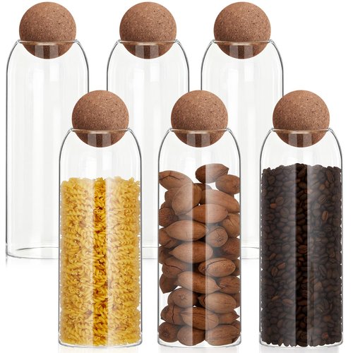 Suclain 6 Pcs 6 Pcs Glass Jars with Cork Ball Lid Farmhouse Kitchen Canisters Coffee Bar Countertop Container Rustic Storage Jars for Bean Nut Sugar Coffee Tea Organizer Housewarming Gift (40 oz)