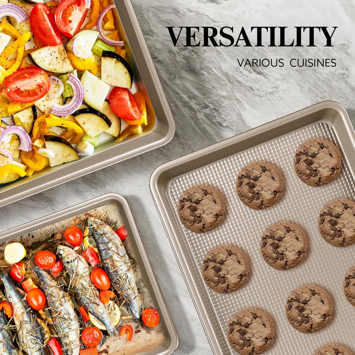 Skiennix Nonstick Baking Pan Set - Heavy Duty Cookie Sheets, 9x13in & 10x15in, Textured Gold Finish