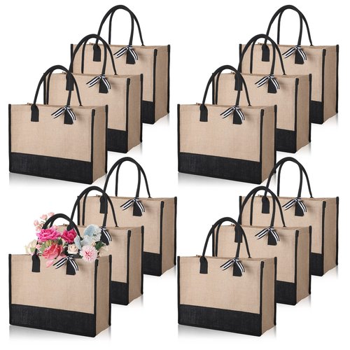 Reginary 12 Pieces Burlap Tote Bags Set Jute Tote Bag with Handles Initial Canvas Beach Bag Large Reusable Burlap Gift Tote Bag for Women Shopping Market Grocery Holiday Travel DIY Gift Bags