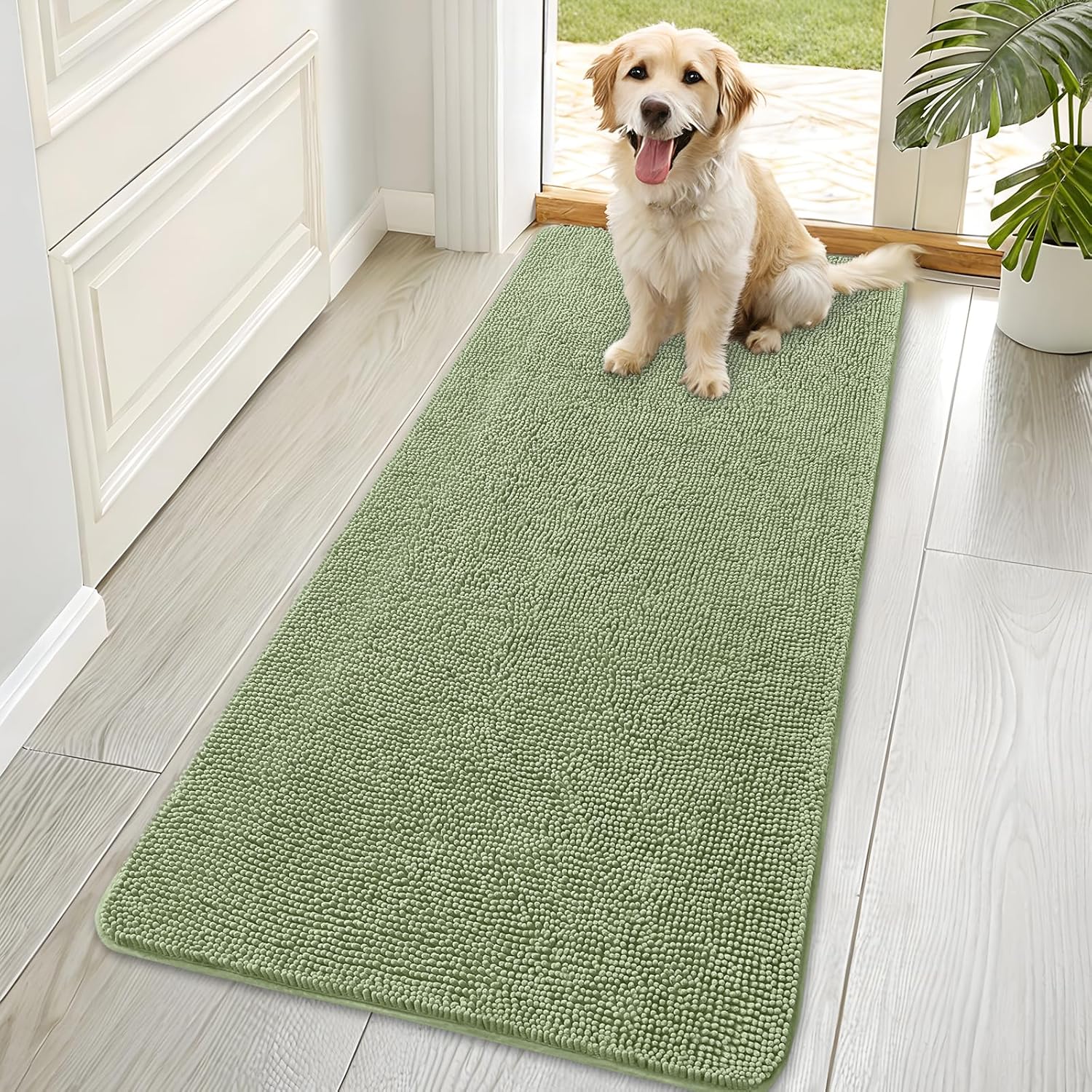 OLANLY Dog Door Mat - Absorbent Non-Slip Chenille Mat for Muddy Paws | 70x35 Sage Green, Quick Dry