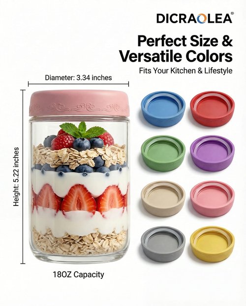 DicraoLea 18oz 8Pack Glass Overnight Oats Jars Containers with Airtight Leakproof Lids, Reusable Mason Jars for Meal Prep, Yogurt Parfaits, Smoothies, Salads & Healthy Breakfasts(18oz-8Pack)
