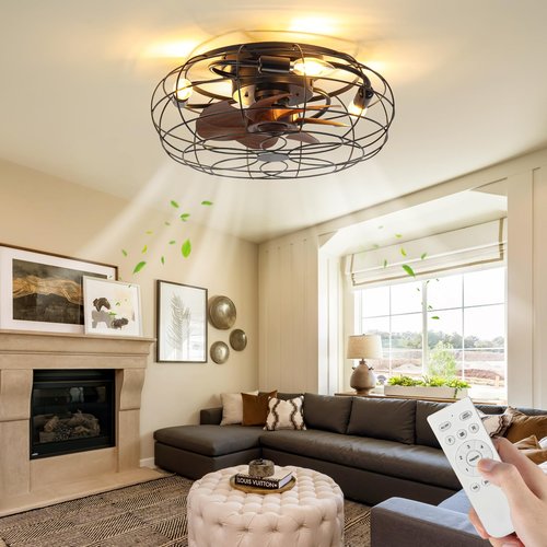 Caged Ceiling Fans with Lights and Remote 18" Black Flush Mount Outdoor Ceiling Fan lights Rustic Low Profile Reversible Bladeless Ceiling Fan for Patios,Farmhouse,Bedroom,Kitchen,Living room