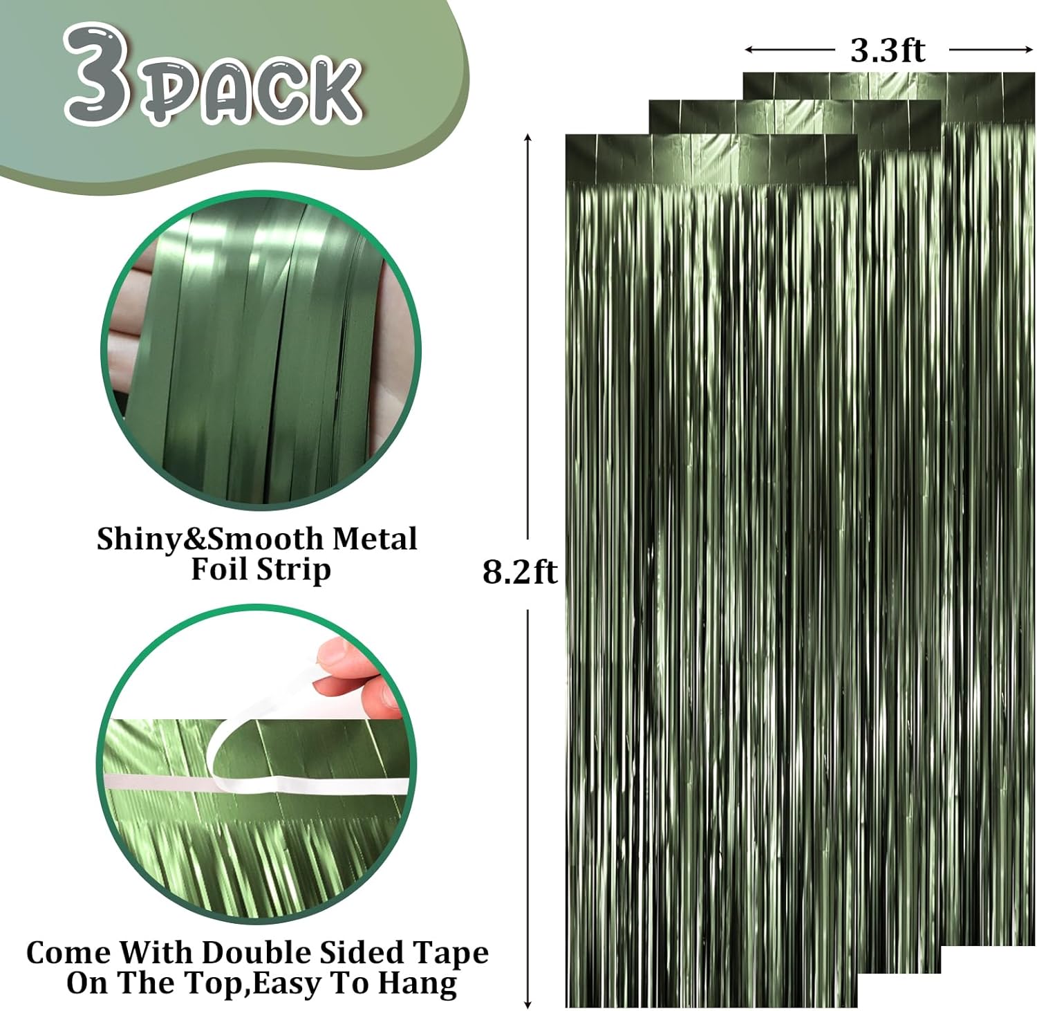 Voircoloria Matte Green Foil Fringe Backdrop Curtains - 3 Pack Tinsel Streamers for Parties | 3.3 x 8.2 ft