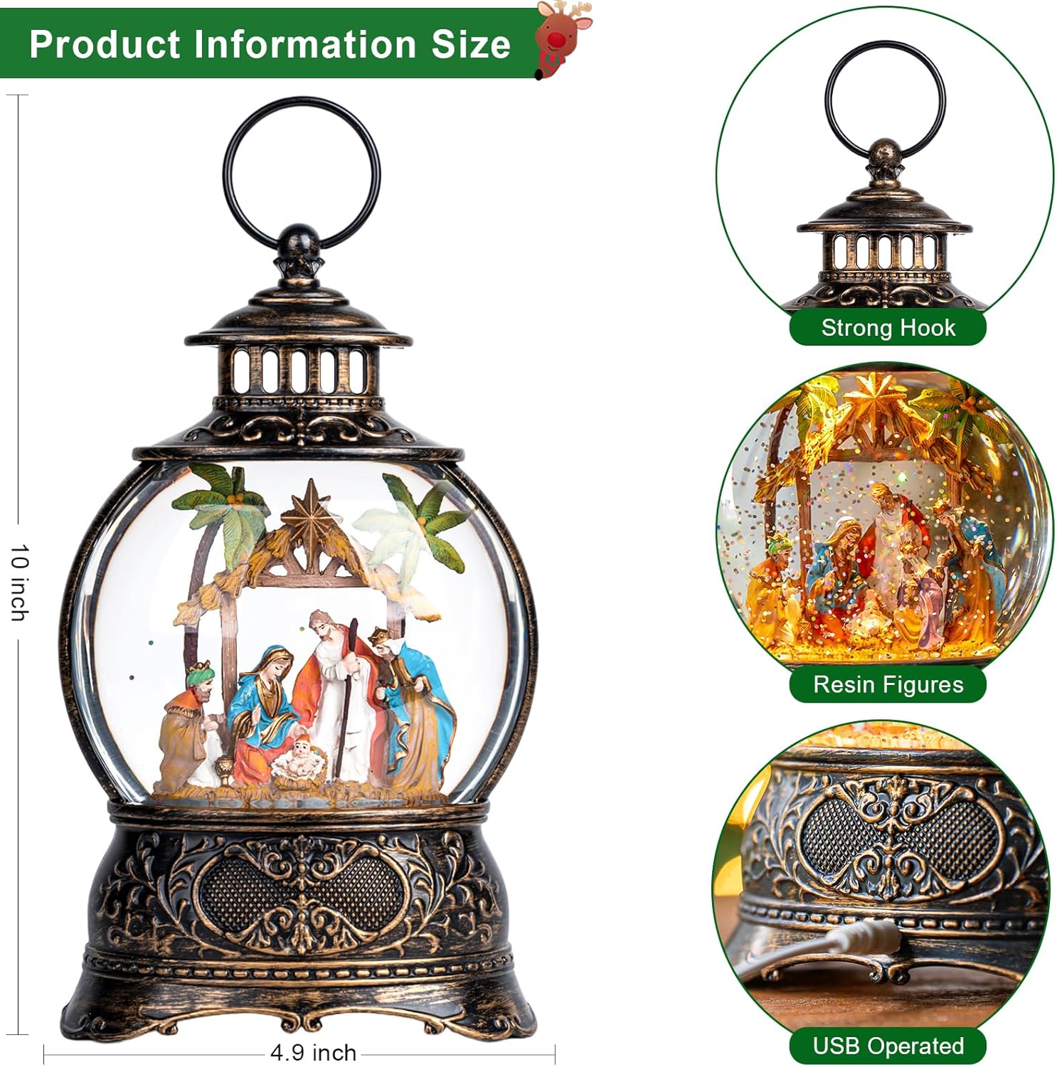Skiennix Christmas Snow Globe Lantern - Musical Holy Family Nativity Scene | 6-Hour Timer, USB & Battery Operated