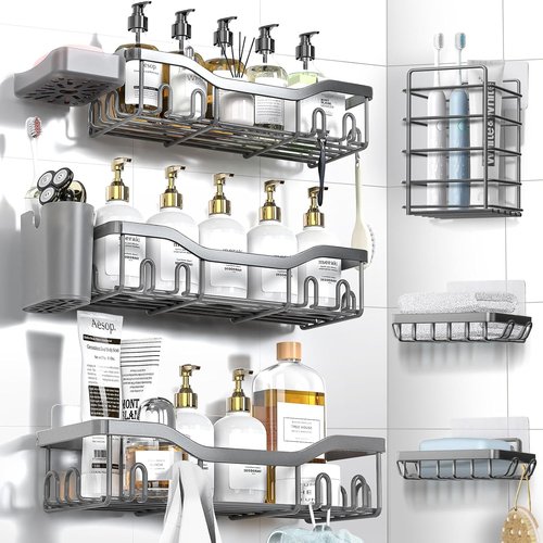 NESOMI Shower Caddy - Rustproof Stainless Steel Adhesive Organizer | 8-Pack Large Capacity Storage with Soap Dish & Hooks