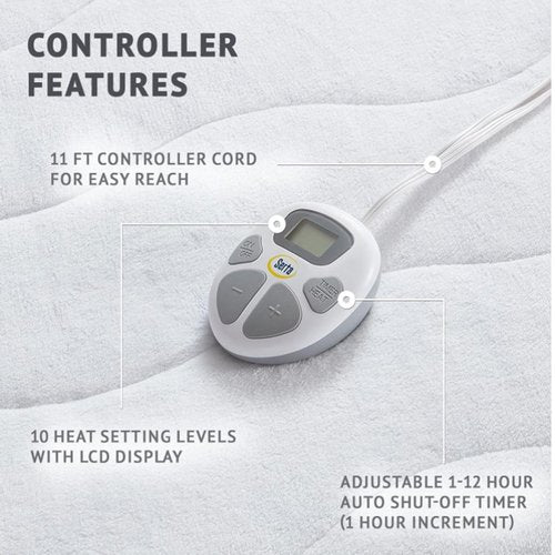 Serta Plush Heated Mattress Pad - Electric Bed Warmer with 10 Heat Settings Controller, Auto Shut Off Timer, Deep All Around Elastic Pocket, ETL Certified, Machine Washable, Full, White