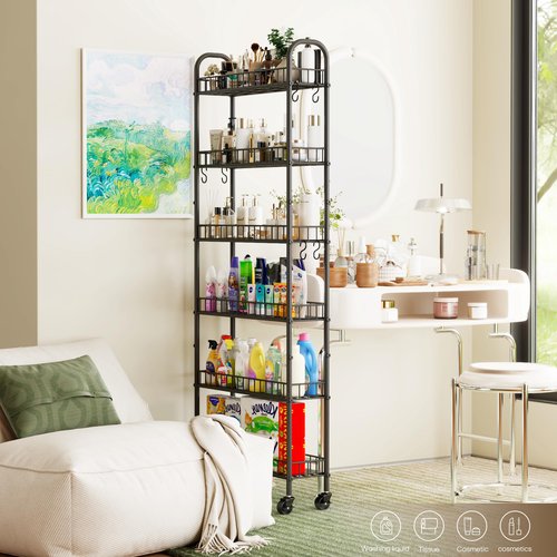 VKTO 6-Tier Slim Storage Cart, Rolling Kitchen Cart with Wheels, Narrow Metal Shelf Organizer with Hooks for Kitchen, Bathroom, Living Room, Laundry, Small Spaces (Black, 6 in)