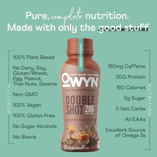 OWYN Only What You Need Double Shot Dairy Free Keto Protein Coffee Shake, Caramel Macchiato, 0g Sugar, 20g Plant Based Protein, 180mg Caffeine, Gluten & Soy Free, Non-GMO, Vegan (12 Pack, 12 Fl Oz)