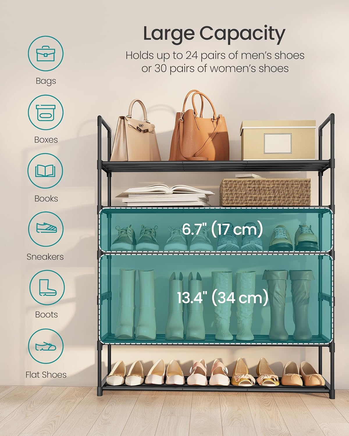 SONGMICS 6-Tier Shoe Rack - Stackable Metal Organizer for 24-30 Pairs - Black, 11.8 x 36.2 x 42.7 Inches