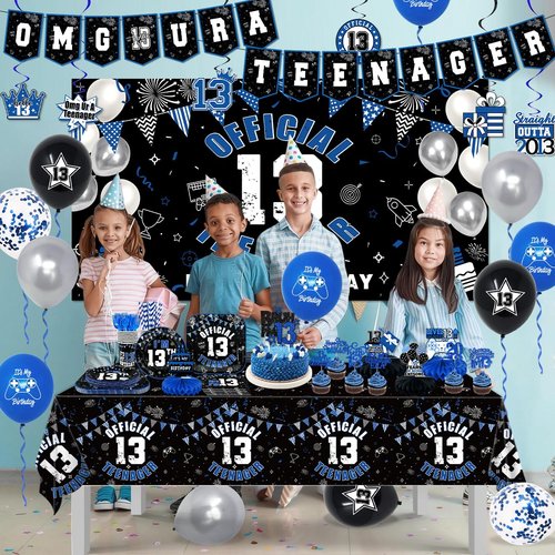 13th Birthday Decorations for Boys Black and Blue Official Teenager 13th Birthday Plates and Napkins Tablecloth Backdrop Omg Ur A Teenager Banner Topper Balloons Since 2013 Boy,Serve 25