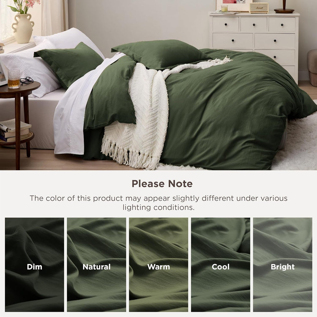 Bedsure Olive Green Duvet Cover Set - Soft Cotton-Like Polyester, Full Size 3-Piece Bedding Set, 80x90 Inches